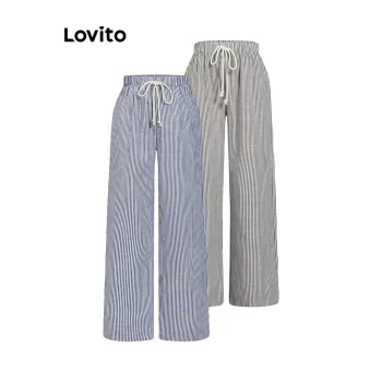 Lovito Calça de tecido texturizado casual listrado com cordão e laço para mulheres L93AD016(Multicolorido) Shopee